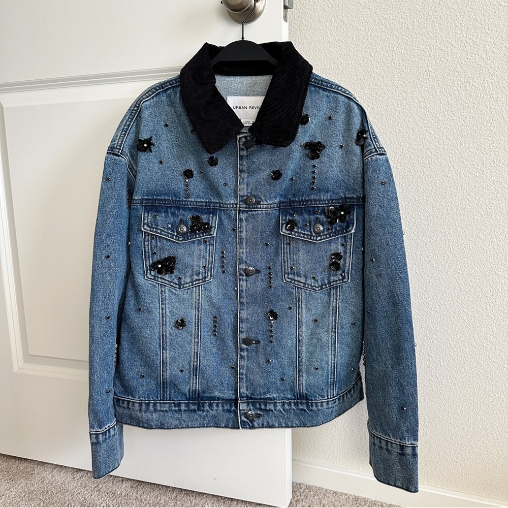 Embellished Denim Jacket with Black Velvet Collar